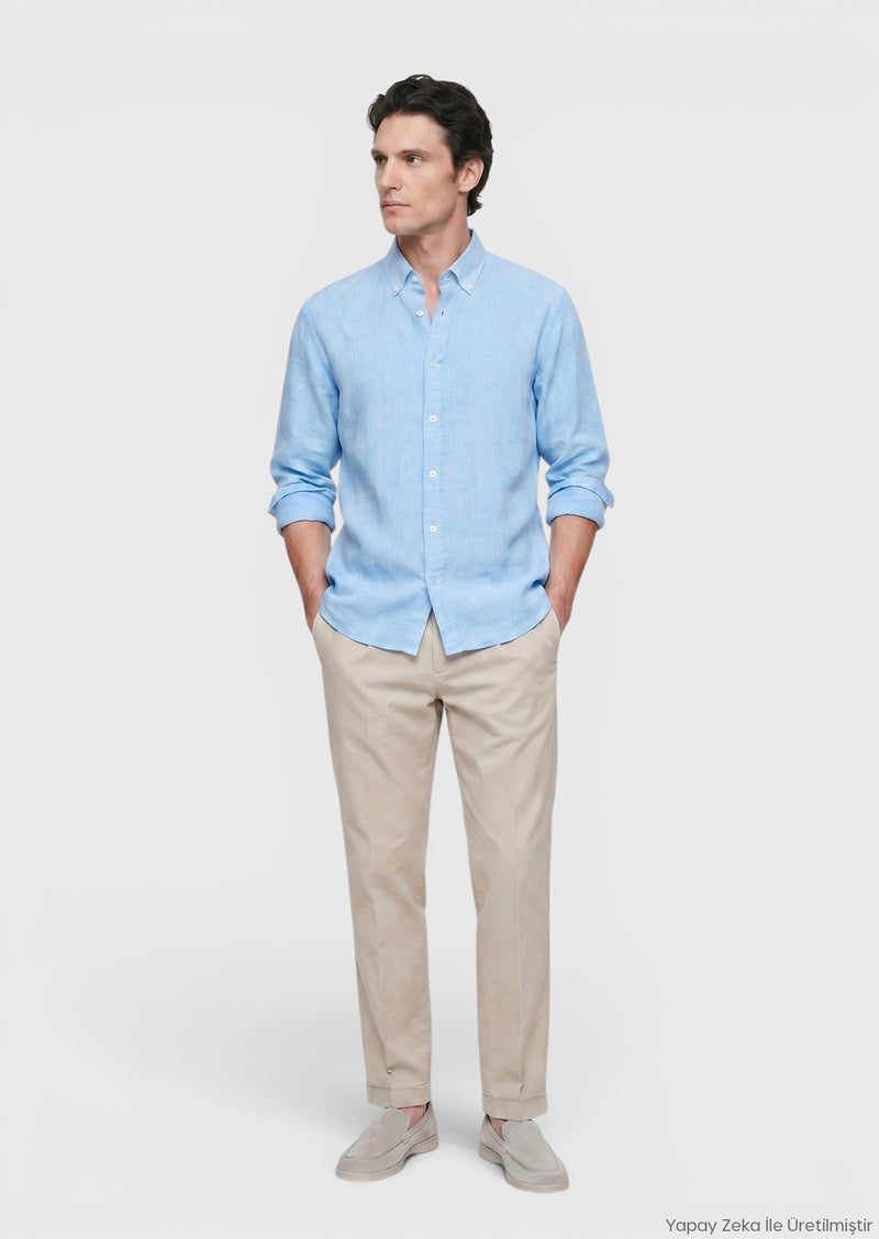 Turkuaz Düz Casual Fit Uzun Dokuma Casual %100 Keten Gömlek