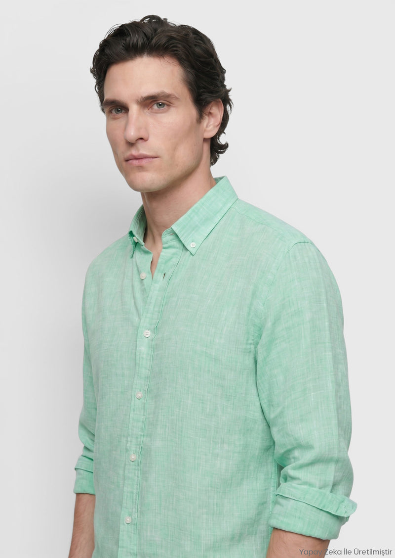 Yeşil Düz Casual Fit Uzun Dokuma Casual %100 Keten Gömlek