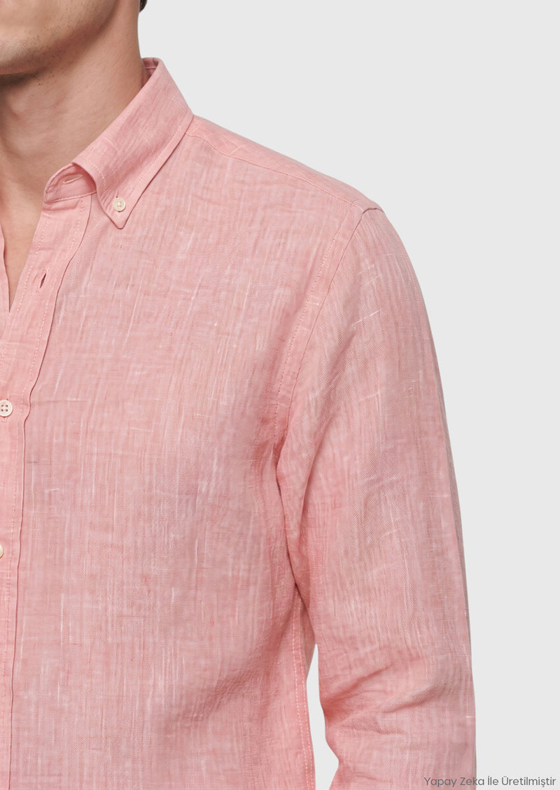 Turuncu Düz Casual Fit Uzun Dokuma Casual %100 Keten Gömlek