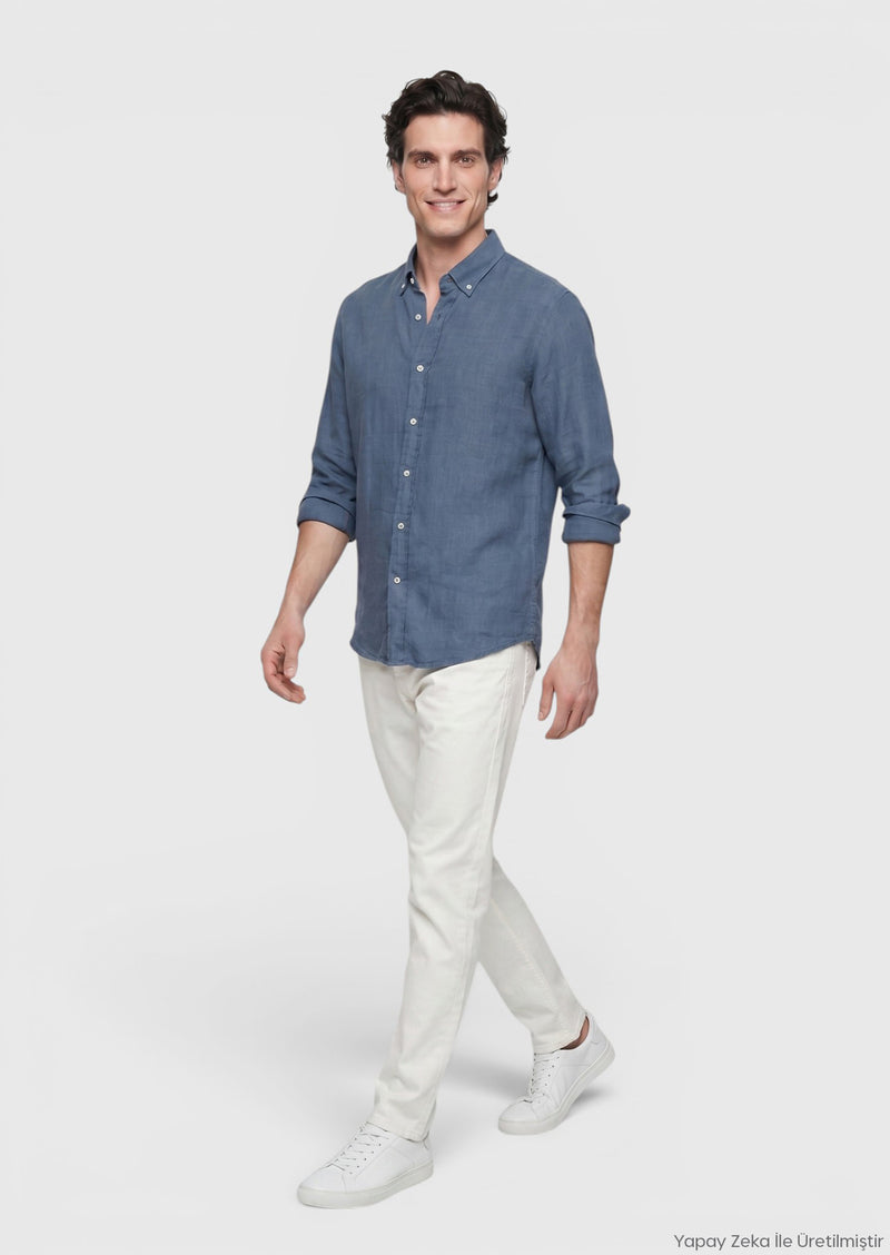 Petrol Düz Casual Fit Uzun Dokuma Casual %100 Keten Gömlek