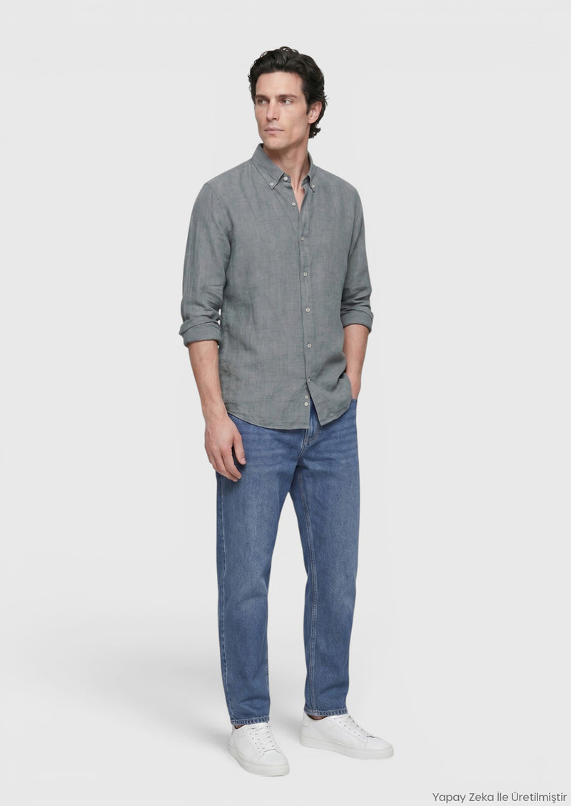 Koyu Yeşil Düz Casual Fit Uzun Dokuma Casual %100 Keten Gömlek