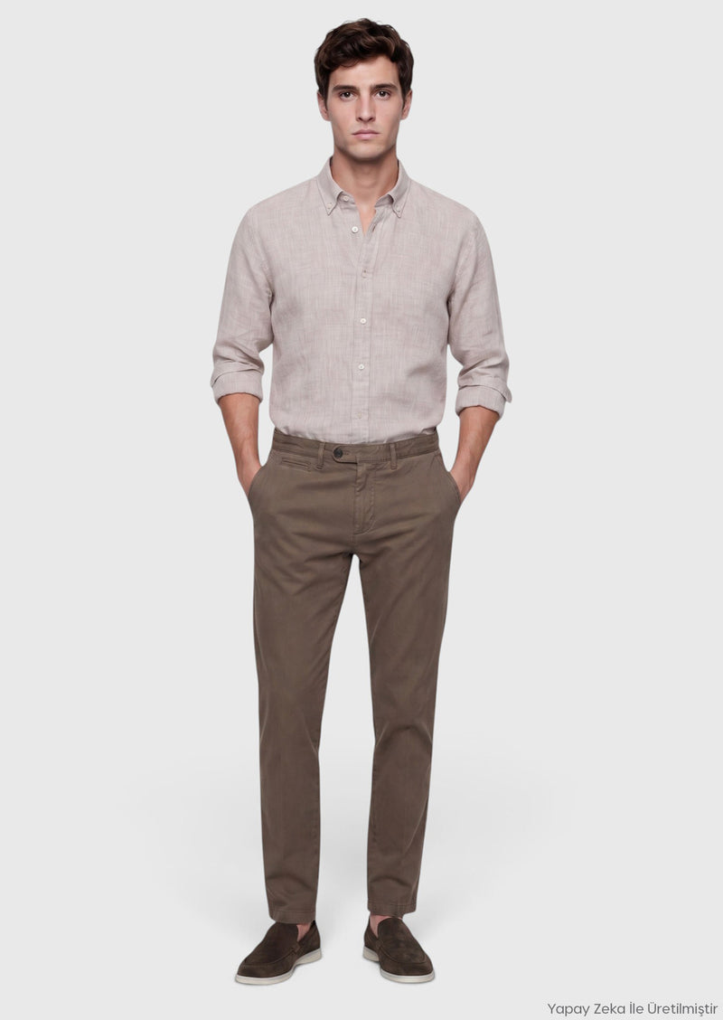 Bej Düz Casual Fit Uzun Dokuma Casual %100 Keten Gömlek