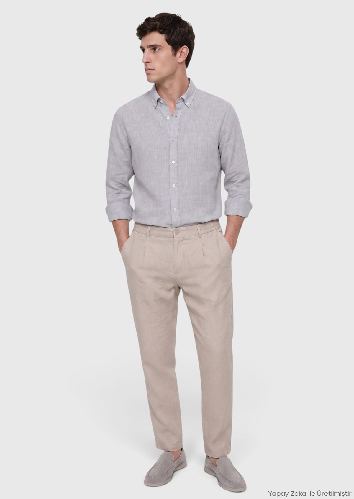 Açık Gri Düz Casual Fit Uzun Dokuma Casual %100 Keten Gömlek