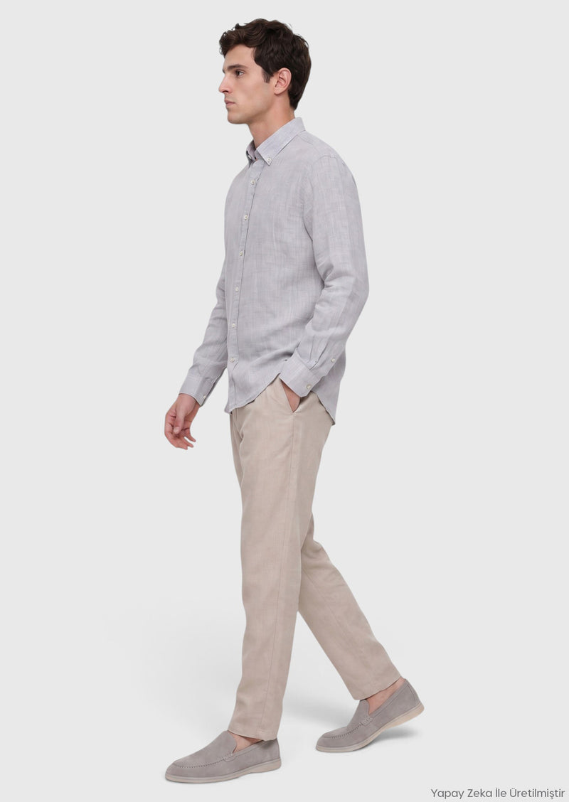 Açık Gri Düz Casual Fit Uzun Dokuma Casual %100 Keten Gömlek