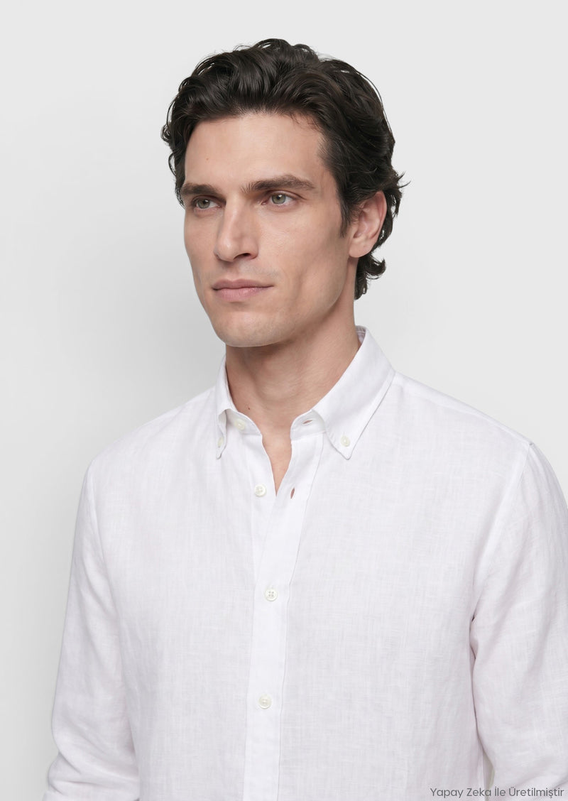 Beyaz Düz Casual Fit Uzun Dokuma Casual %100 Keten Gömlek