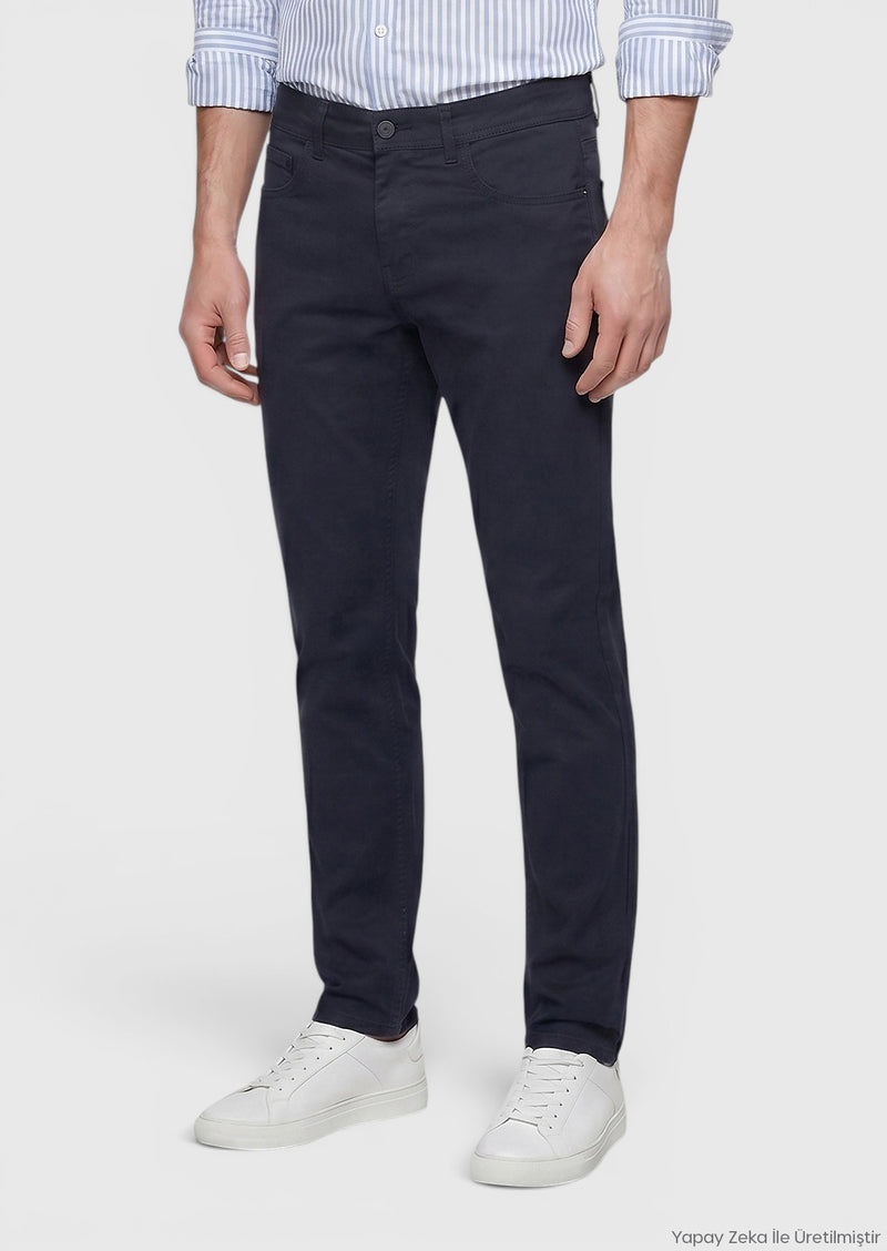 Lacivert Düz Dokuma Slim Fit Casual Pamuk Karışımlı Pantolon