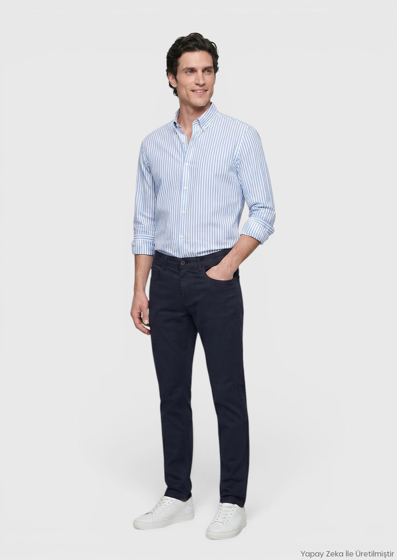 Lacivert Düz Dokuma Slim Fit Casual Pamuk Karışımlı Pantolon
