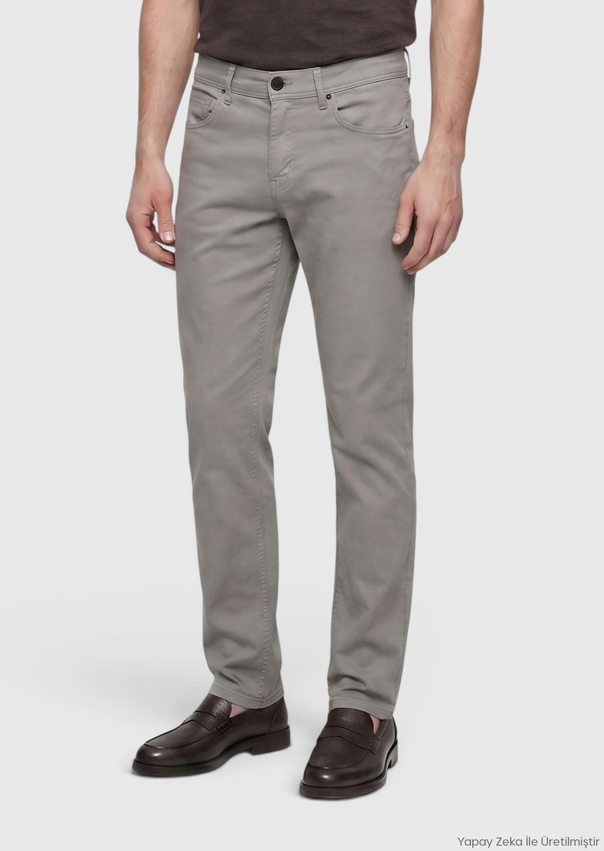 Gri Düz Dokuma Slim Fit Casual Pamuk Karışımlı Pantolon