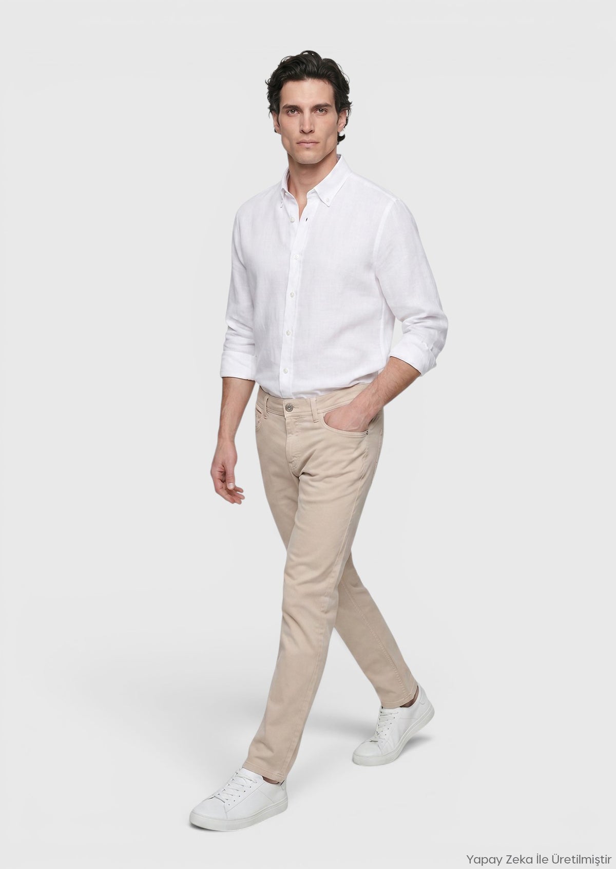 Bej Düz Dokuma Slim Fit Casual Pamuk Karışımlı Pantolon