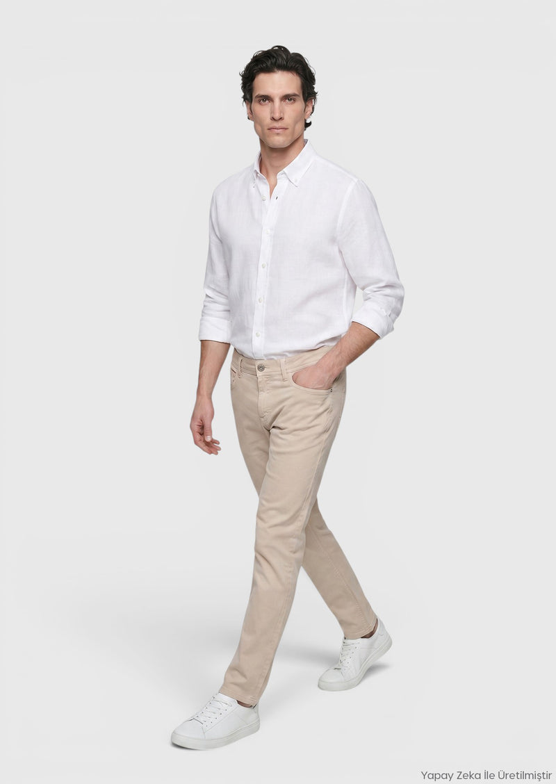 Bej Düz Dokuma Slim Fit Casual Pamuk Karışımlı Pantolon