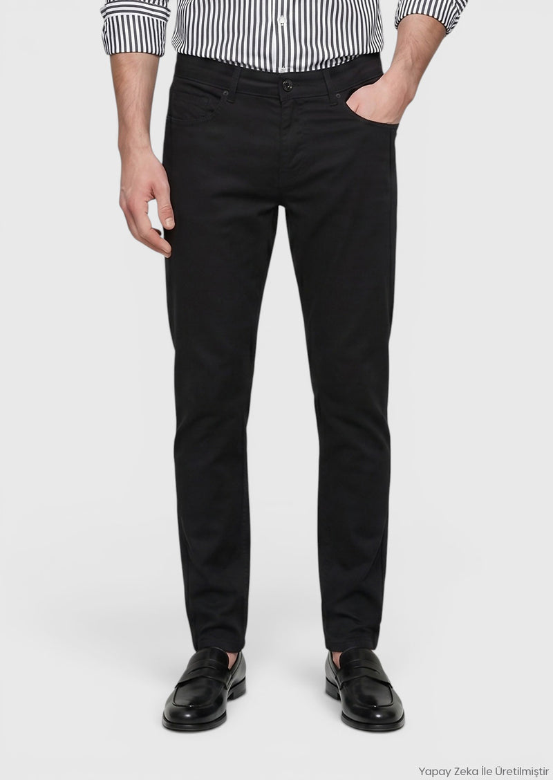 Siyah Düz Dokuma Slim Fit Casual Pamuk Karışımlı Pantolon