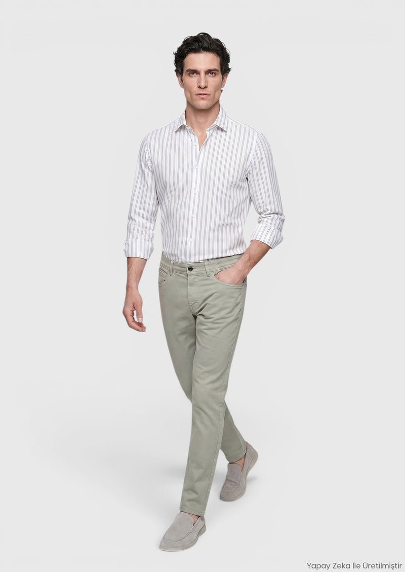 Haki Düz Dokuma Slim Fit Casual Pamuk Karışımlı Pantolon