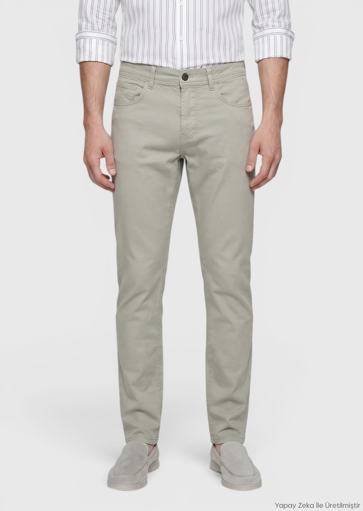 Haki Düz Dokuma Slim Fit Casual Pamuk Karışımlı Pantolon