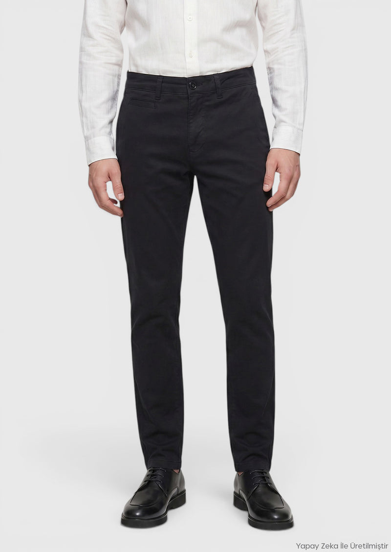 Siyah Düz Dokuma Regular Fit Casual Pamuk Karışımlı Pantolon