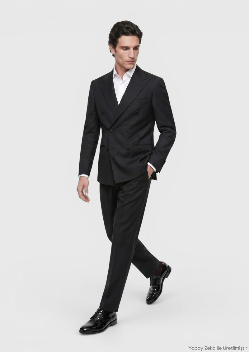 Siyah Düz Slim Fit Kruvaze Yaka Dokuma Smokin Takım Elbise