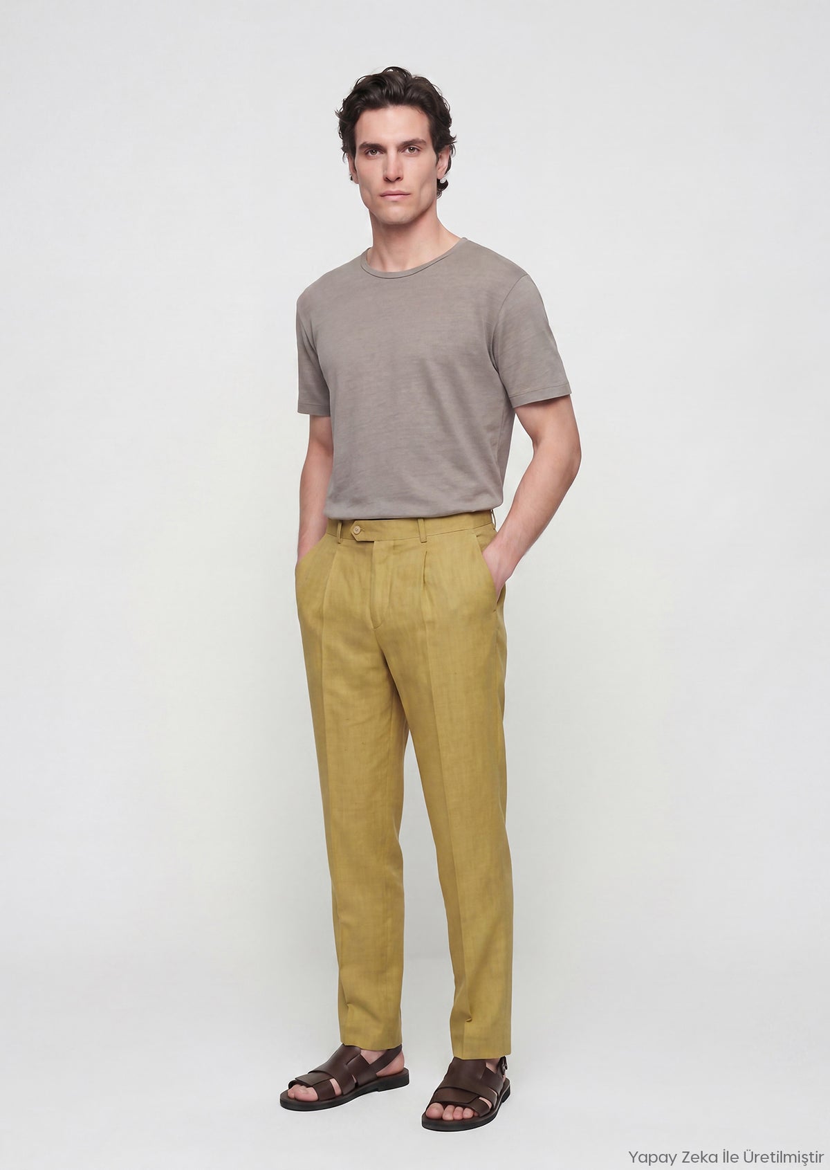 Yağ Yeşili Düz Dokuma Regular Fit Casual %100 Keten Pantolon