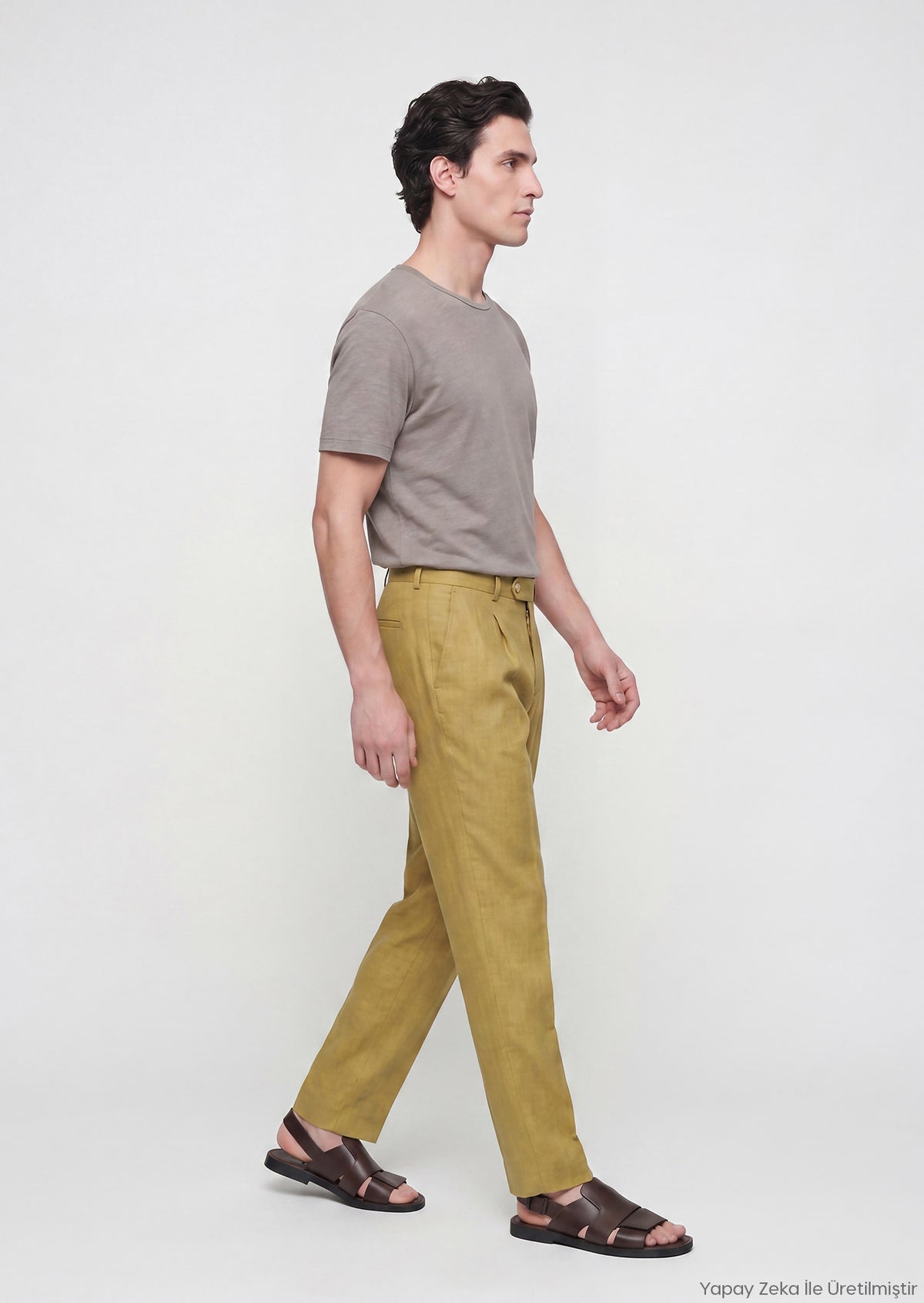 Yağ Yeşili Düz Dokuma Regular Fit Casual %100 Keten Pantolon