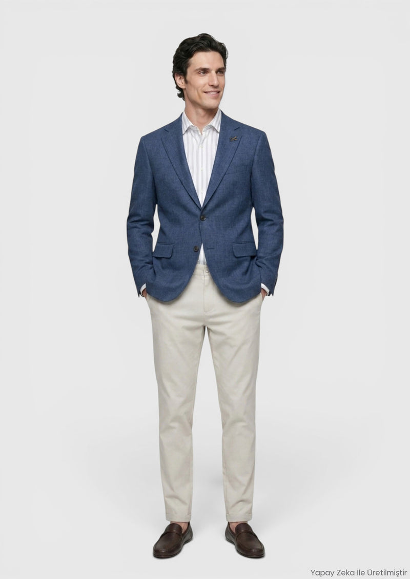 Açık Lacivert Zeroweight Slim Fit %100 Keten Ceket