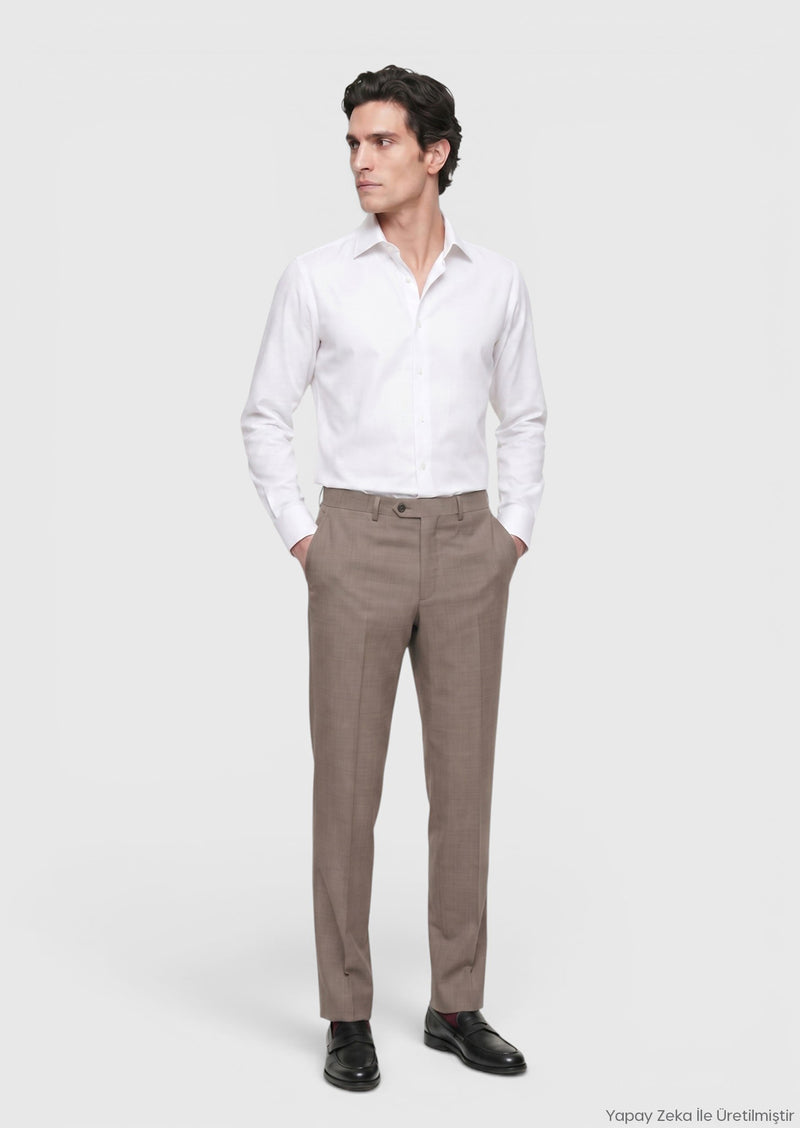 Açık Kahve Düz Dokuma Regular Fit Klasik %100 Yün Pantolon