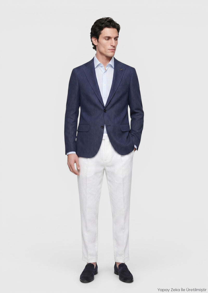 Lacivert Regular Fit İpek Karışımlı Ceket