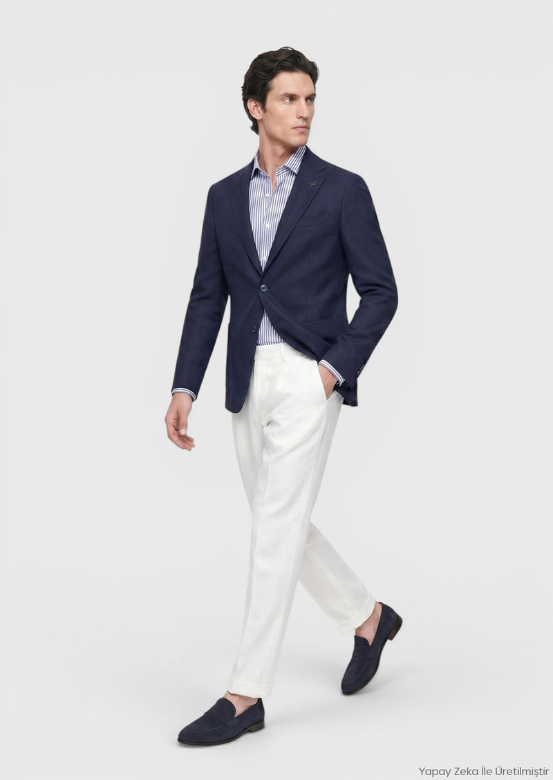 Lacivert Shirt Shoulder Slim Fit Yün Karışımlı Örme Ceket