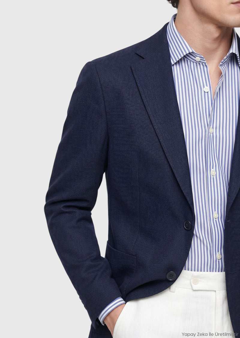 Lacivert Shirt Shoulder Slim Fit Yün Karışımlı Örme Ceket