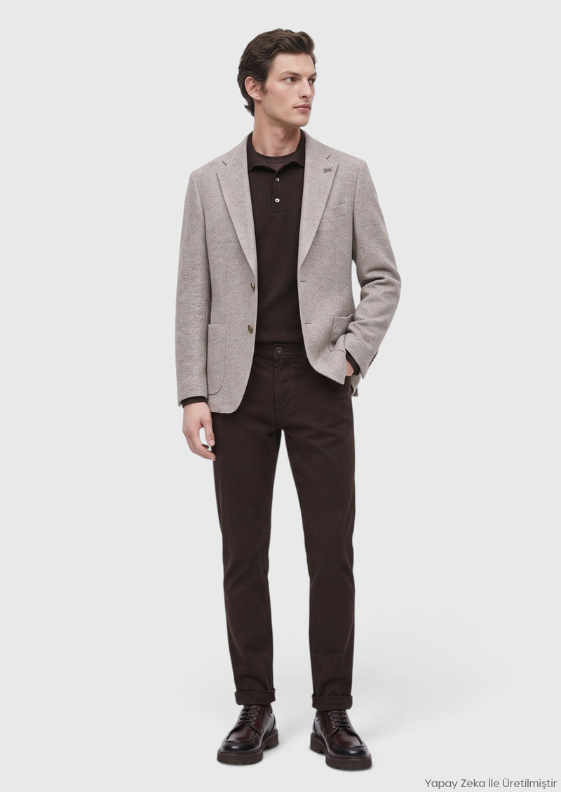 Koyu Bej Düz Shirt Shoulder Slim Fit Yün Karışımlı Örme Ceket