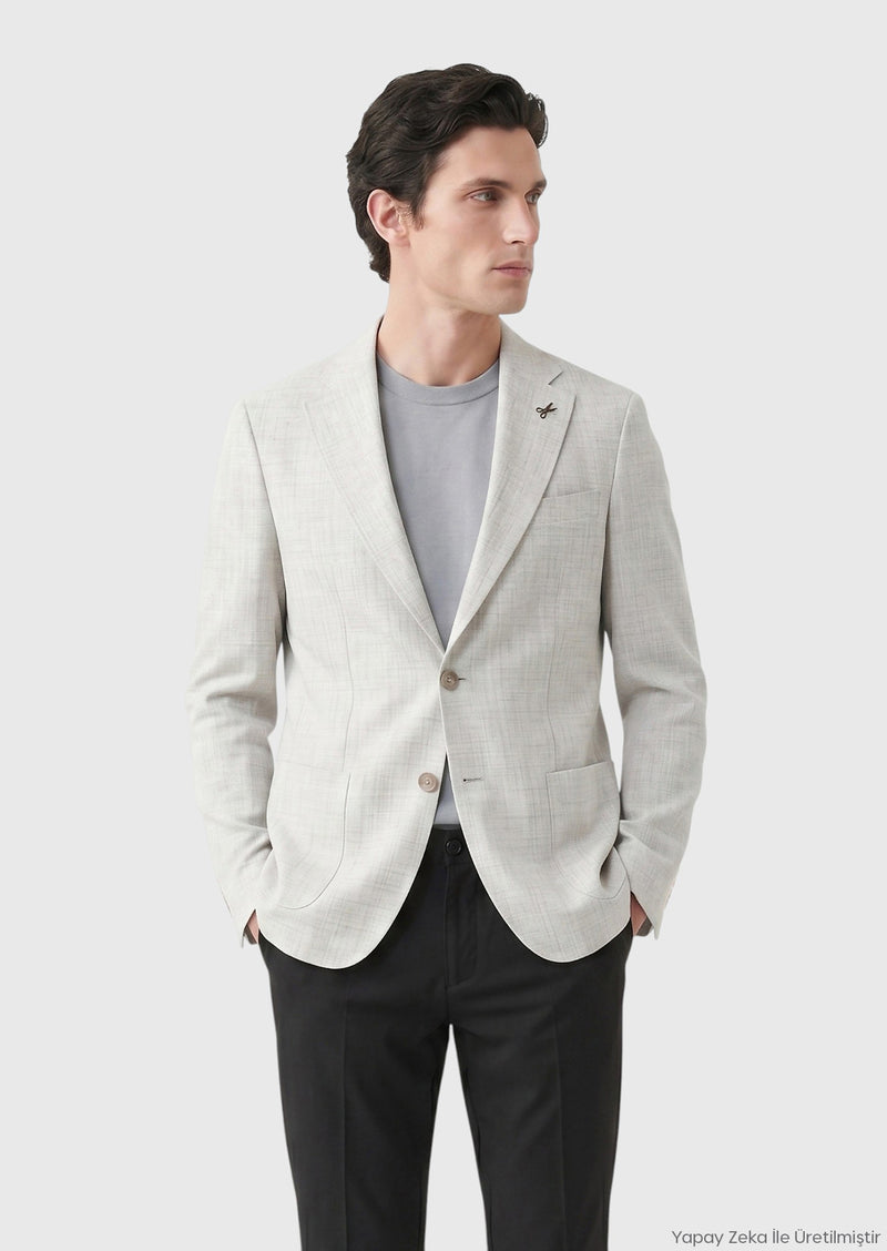 Açık Gri Desenli Zeroweight Slim Fit %100 Keten Ceket