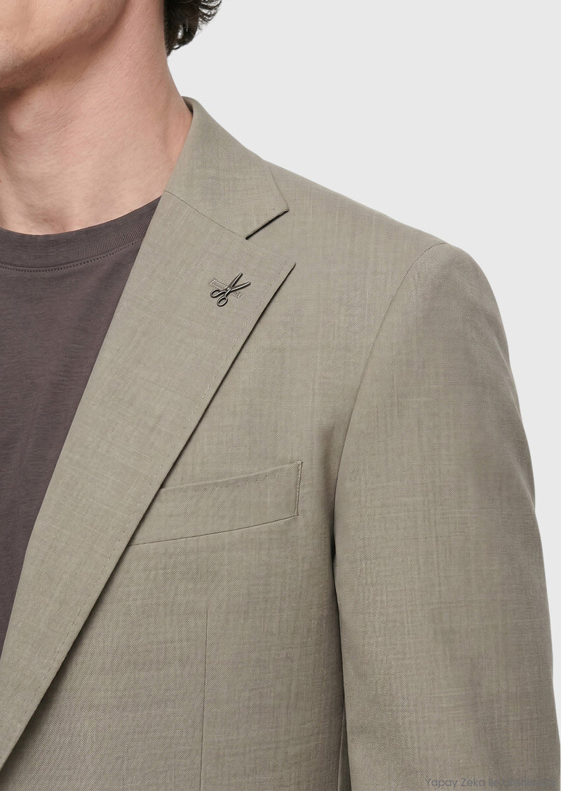 Haki Düz Zeroweight Slim Fit Yün Karışımlı Takım Elbise