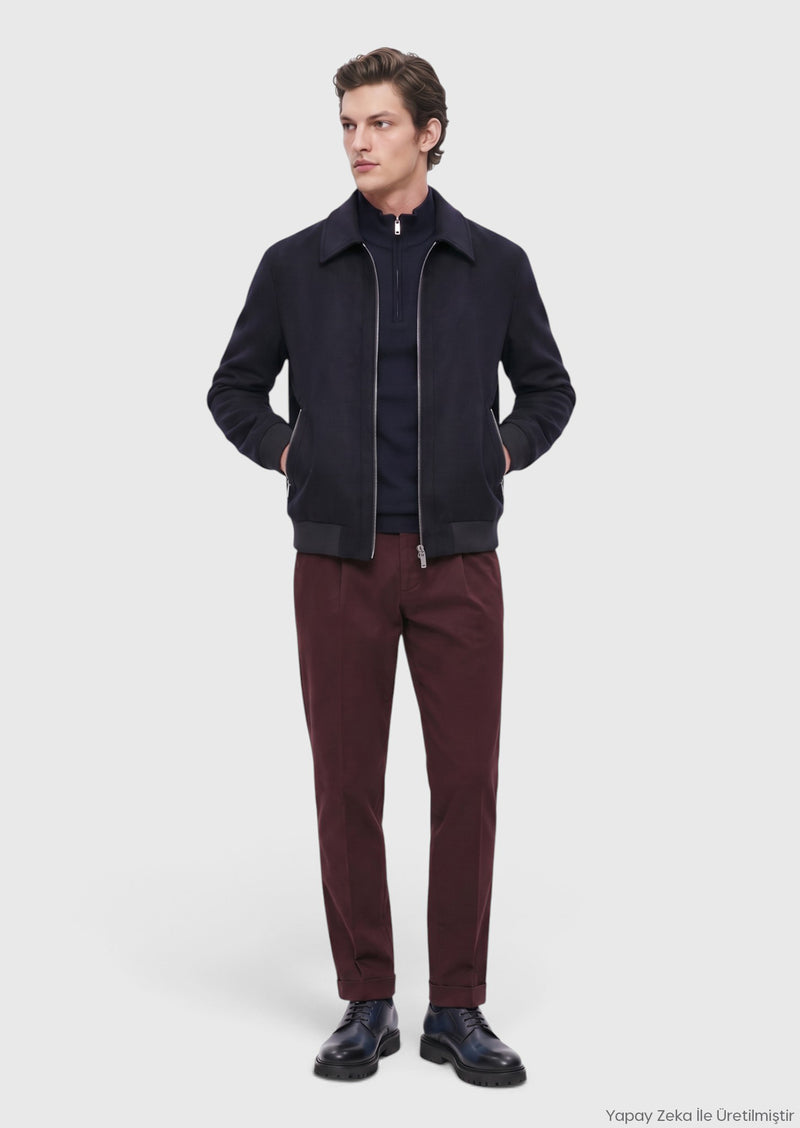 Lacivert Regular Fit Gömlek Yaka Casual Dokuma Mont