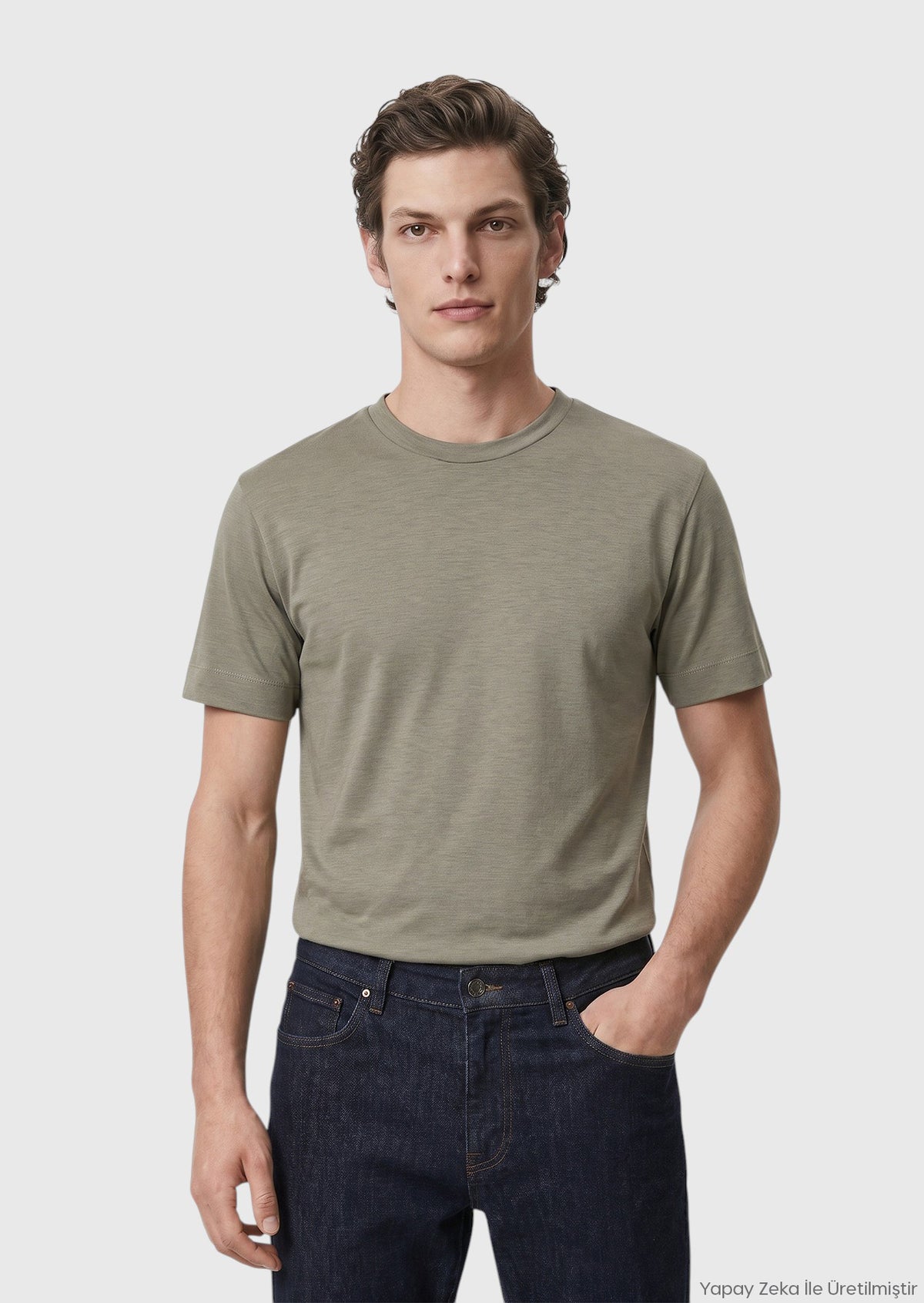 Yağ Yeşili Düz Bisiklet Yaka İpek Karışımlı T-Shirt