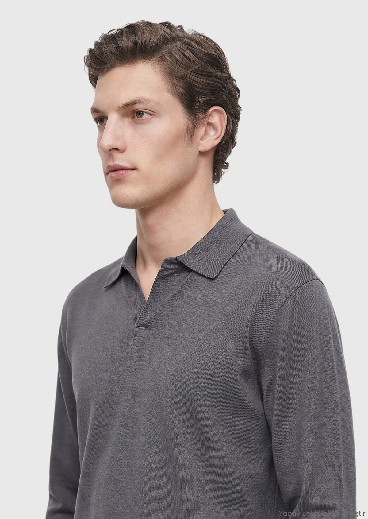 Gri Polo Yaka Düz Sweatshırt
