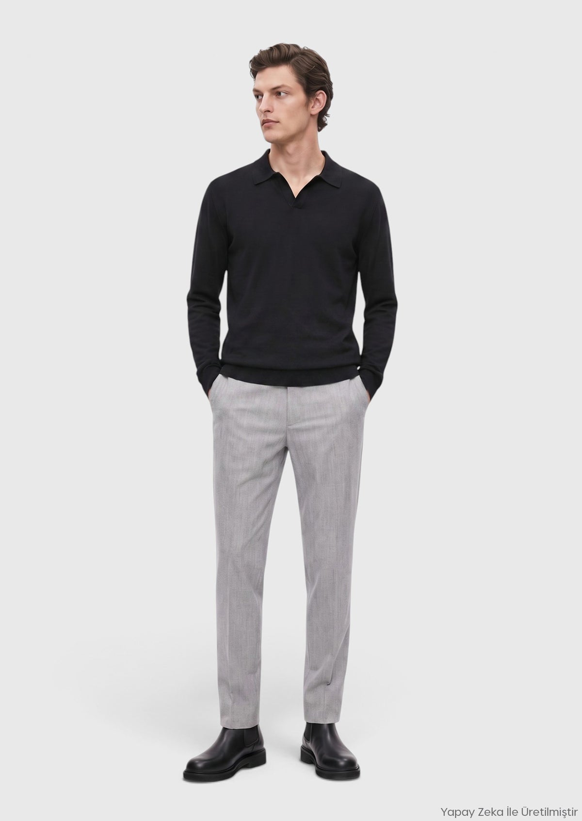 Siyah Polo Yaka Düz Sweatshırt