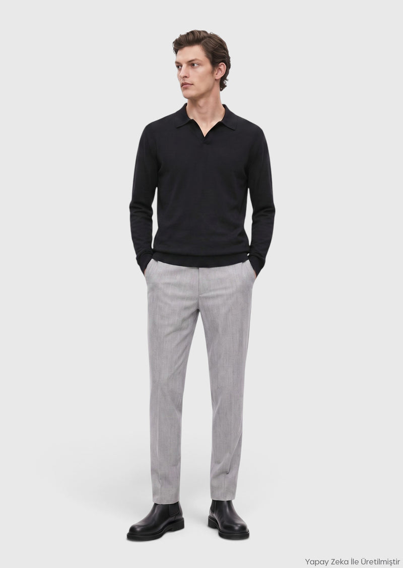 Siyah Polo Yaka Düz Sweatshırt