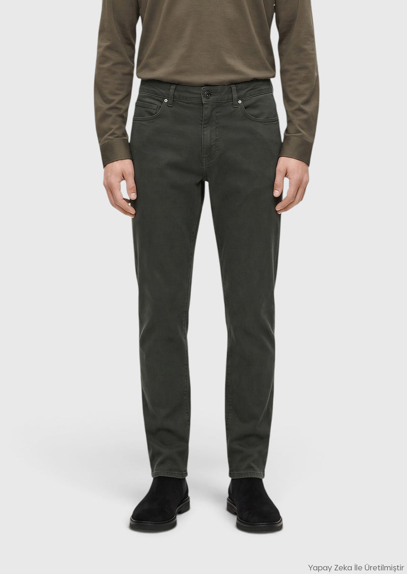Haki Düz Dokuma Regular Fit Casual Pamuk Karışımlı Pantolon