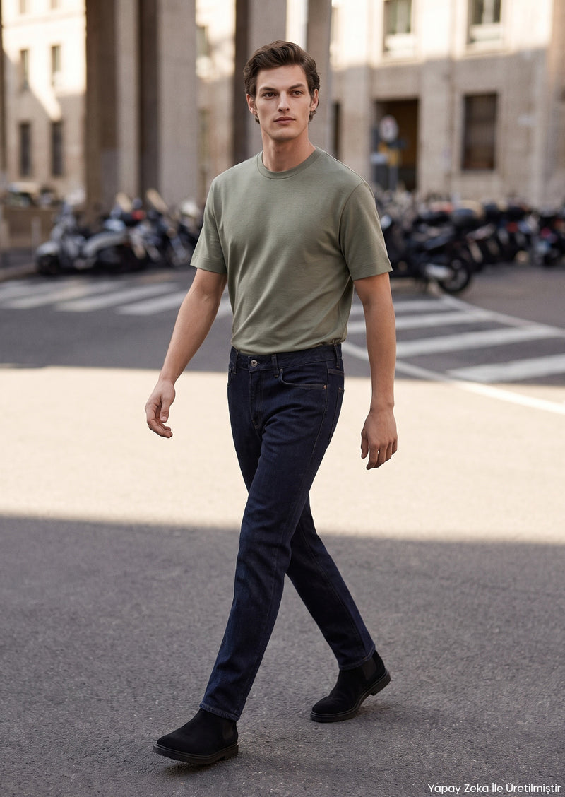 Lacivert Düz Regular Fit Denim Pamuk Karışımlı Pantolon