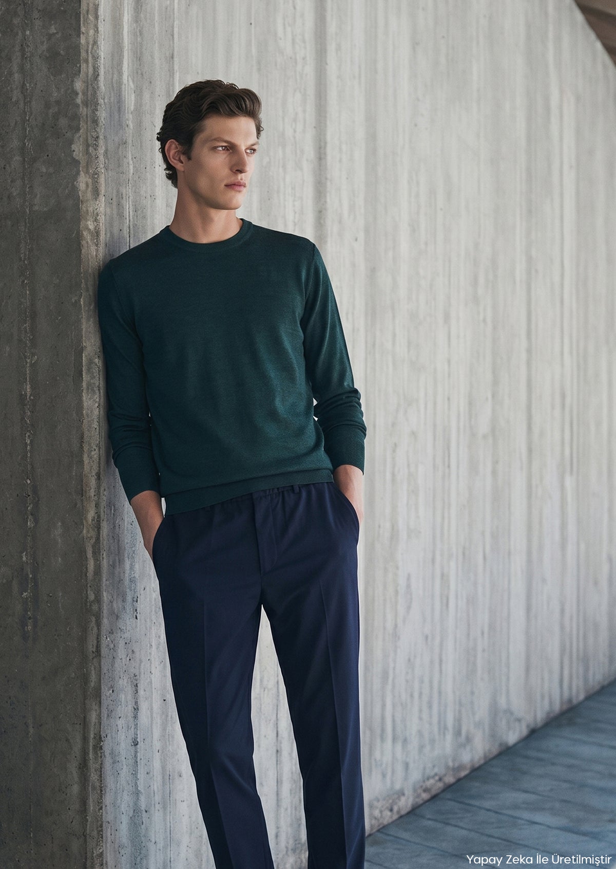 Koyu Yeşil Bisiklet Yaka Düz Örgü Yün Karışımlı Triko Kazak