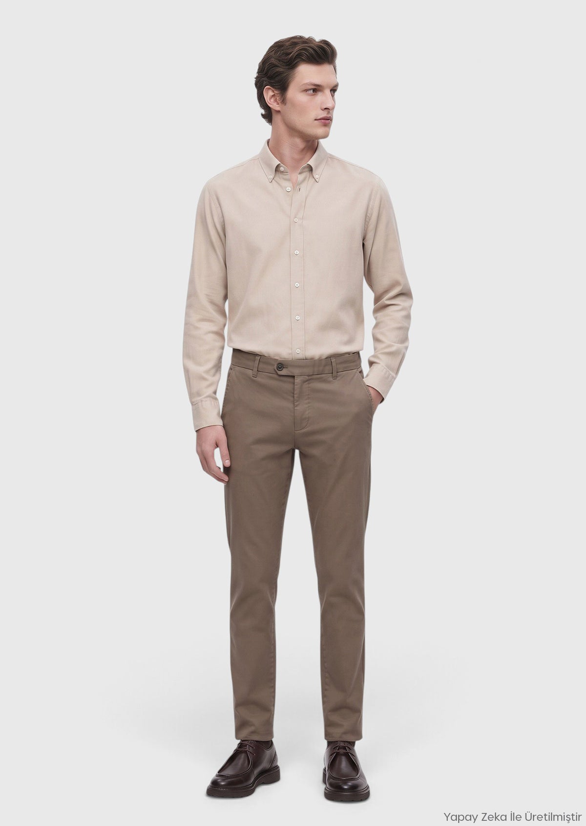 Haki Düz Dokuma Regular Fit Casual Pamuk Karışımlı Pantolon