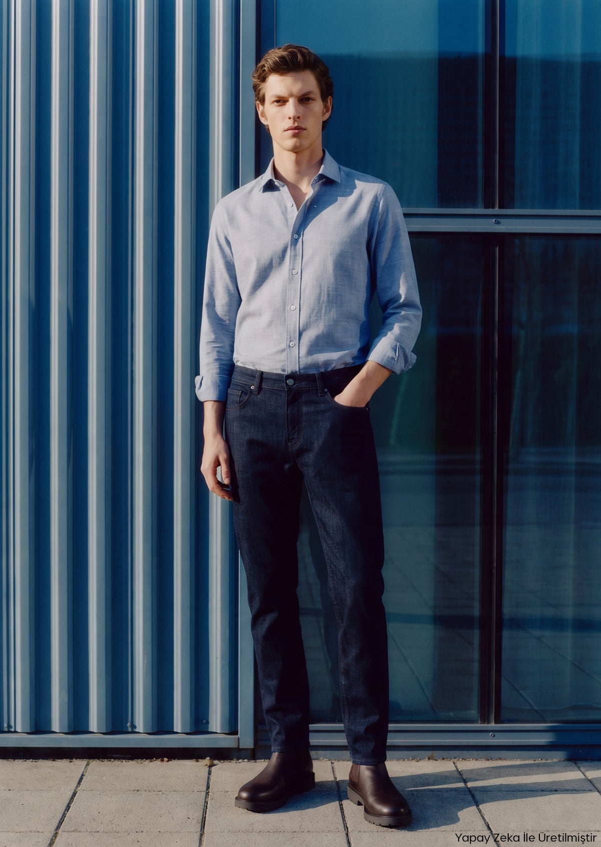 Lacivert Düz Slim Fit Denim Pamuk Karışımlı Pantolon