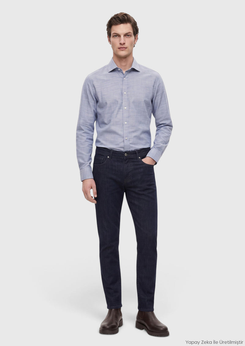 Lacivert Düz Slim Fit Denim Pamuk Karışımlı Pantolon