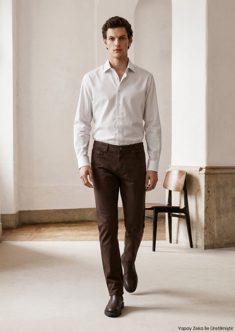 Kahverengi Düz Dokuma Slim Fit Casual Pamuk Karışımlı Pantolon