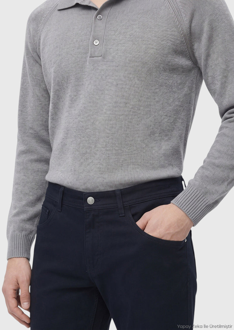 Lacivert Dokuma Regular Fit Casual Yün Karışımlı Pantolon