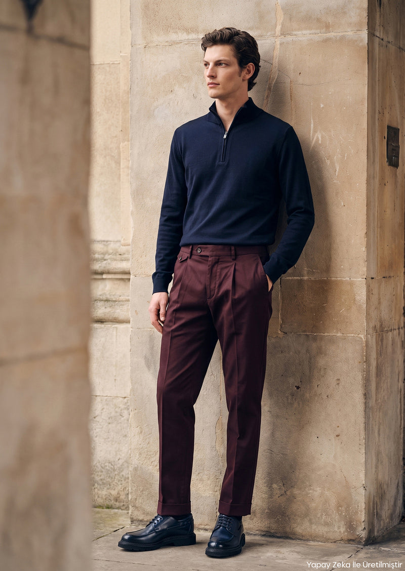 Mürdüm Düz Dokuma Relaxed Fit Casual Pamuk Karışımlı Pantolon
