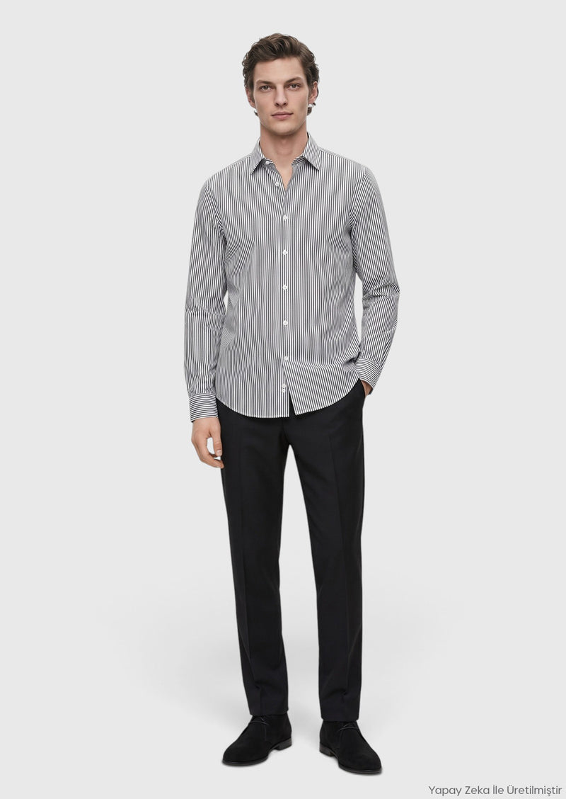 Siyah Casual Fit Uzun Dokuma Casual %100 Pamuk Gömlek