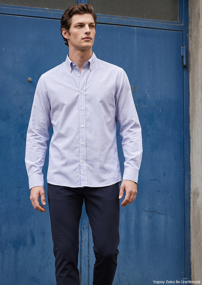 Mavi Çizgili Casual Fit Uzun Dokuma Casual %100 Pamuk Gömlek