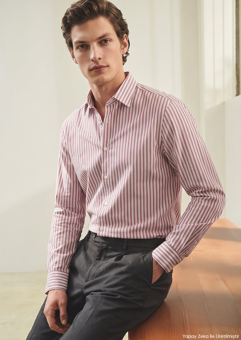 Kırmızı Düz Casual Fit Uzun Dokuma Casual %100 Pamuk Gömlek