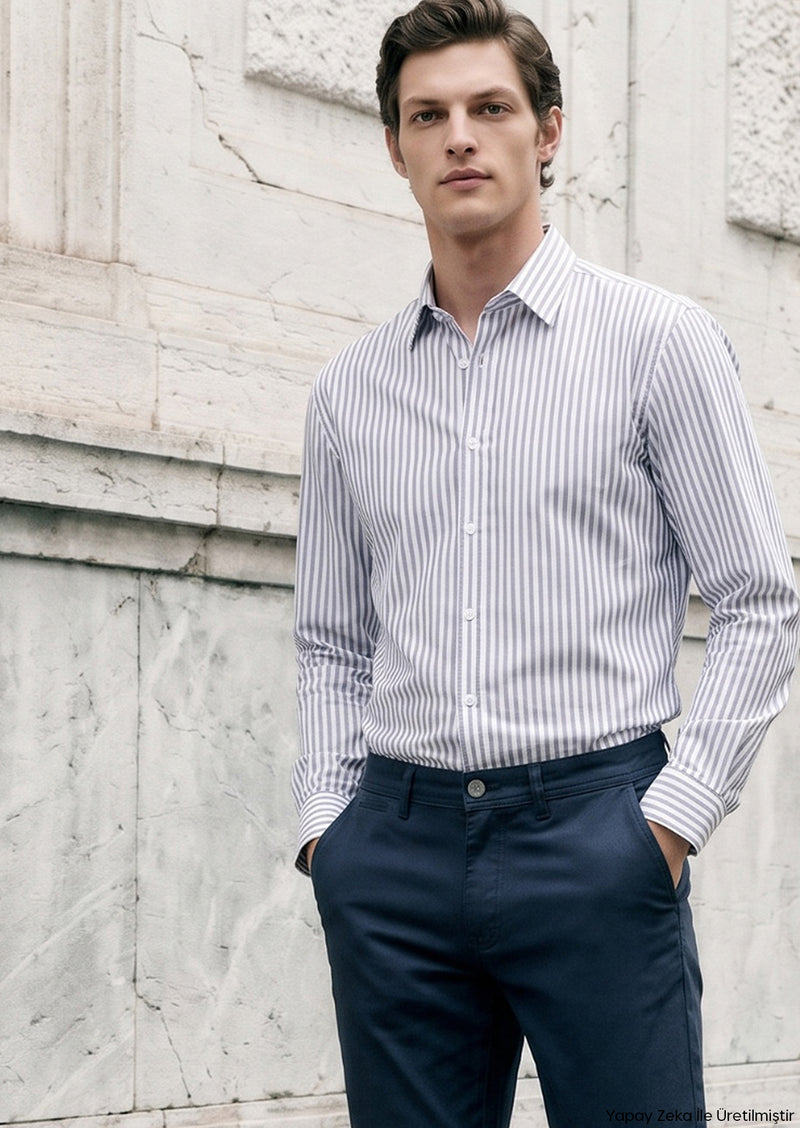 İndigo Düz Casual Fit Uzun Dokuma Casual %100 Pamuk Gömlek