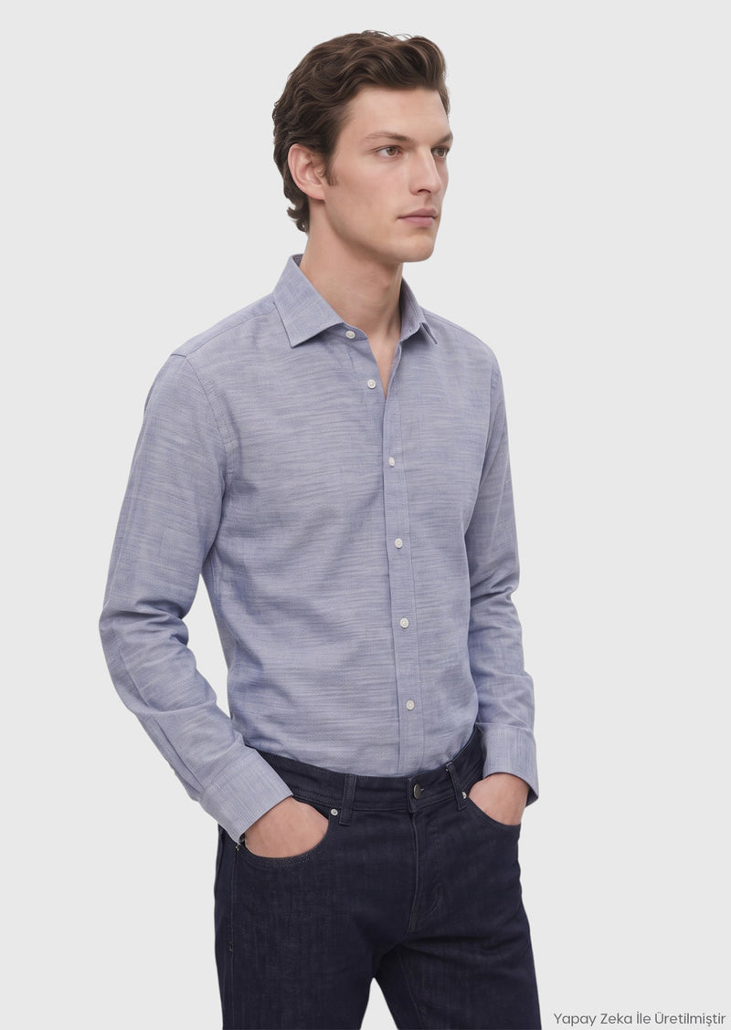 Mavi Düz Casual Fit Uzun Kumaş Casual %100 Pamuk Gömlek