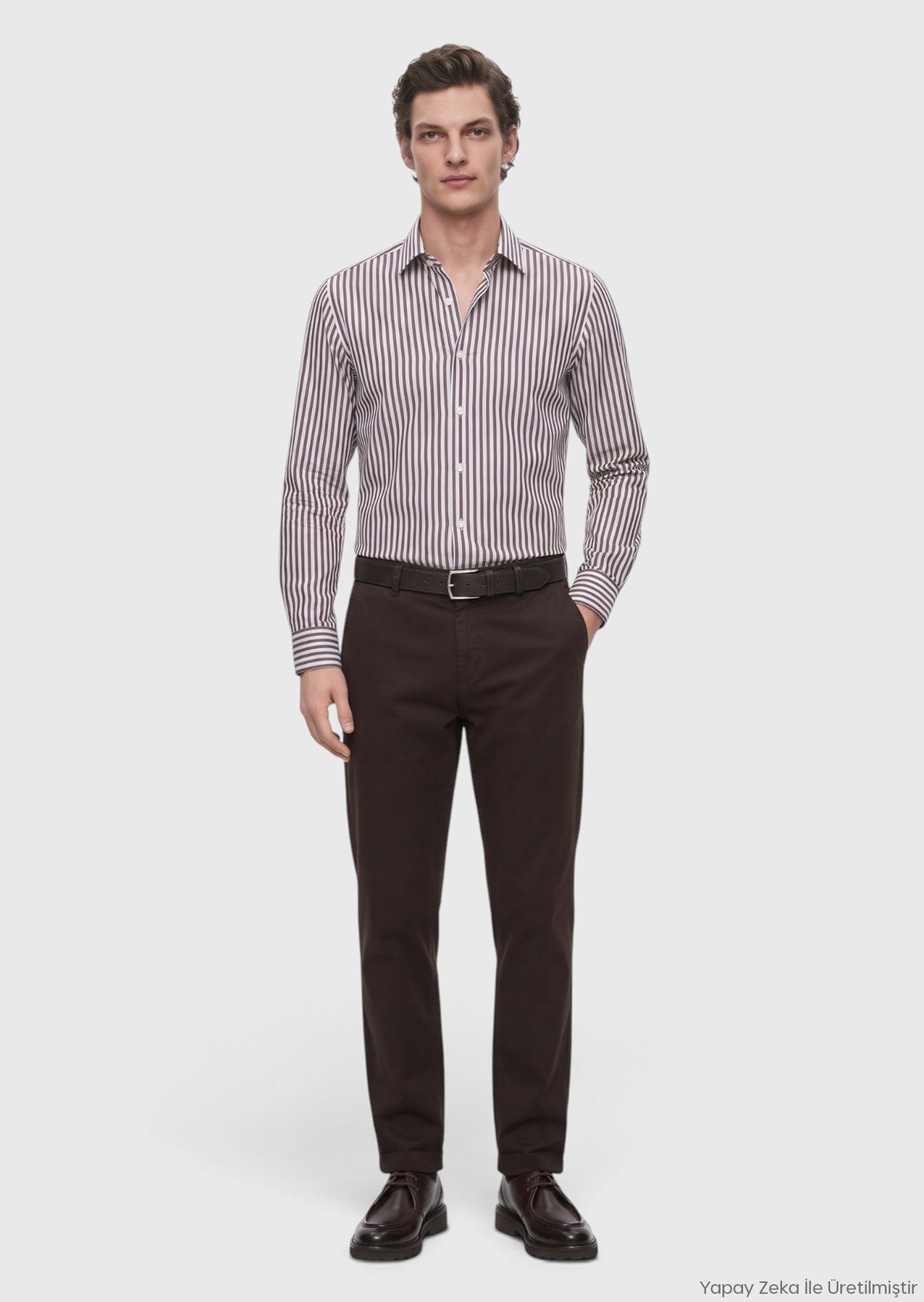 Kahverengi Casual Fit Uzun Dokuma Casual İpek Karışımlı Gömlek