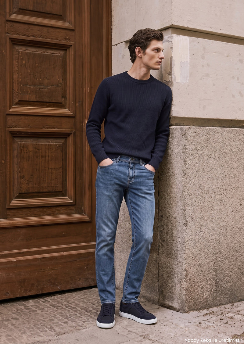 Koyu Mavi Slim Fit Denim Pamuk Karışımlı Pantolon